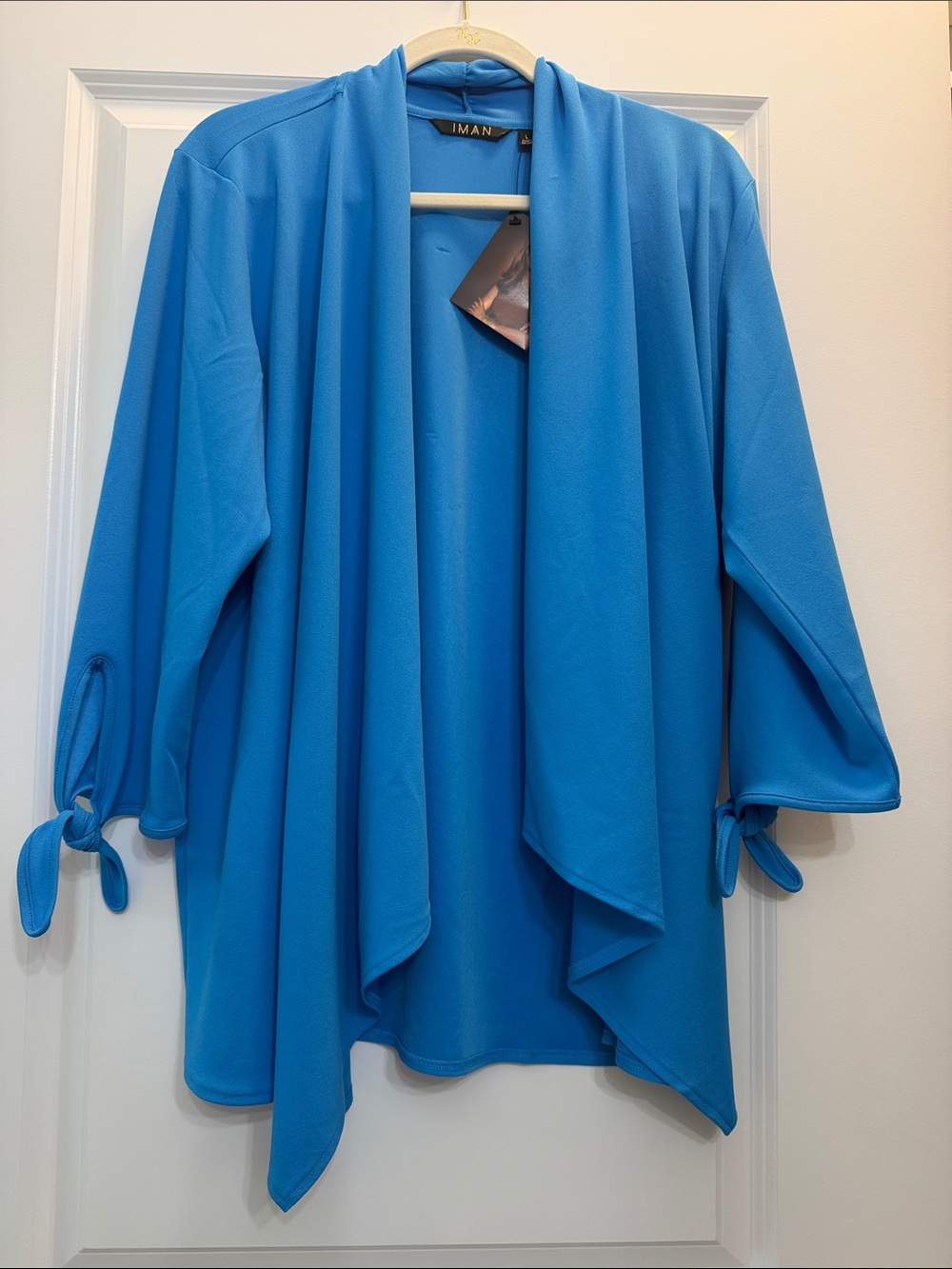 IMAN Bright Blue Open Front Draped Jacket with Tie Sleeves